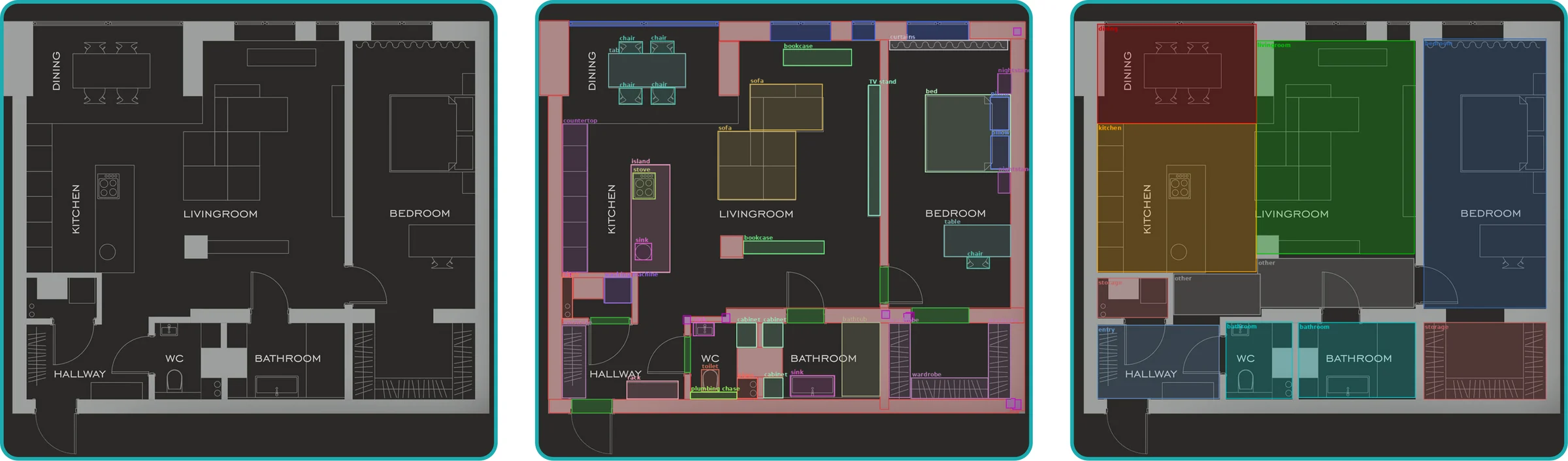 An annotated AntPlan example: original drawing, structural and object boxes, and room regions.